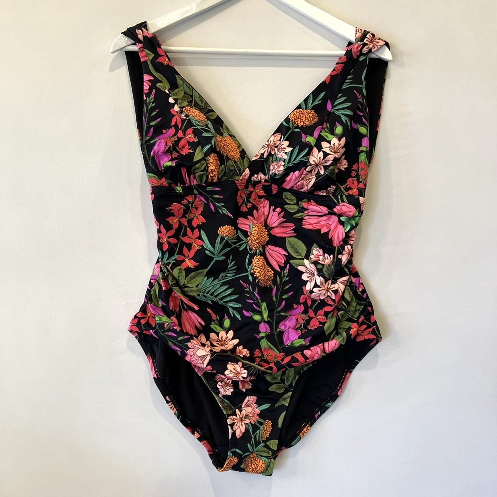 Floral One Piece SwimSuit Womens L 12-14 Knotted Straps Attached Padded Bra Slim